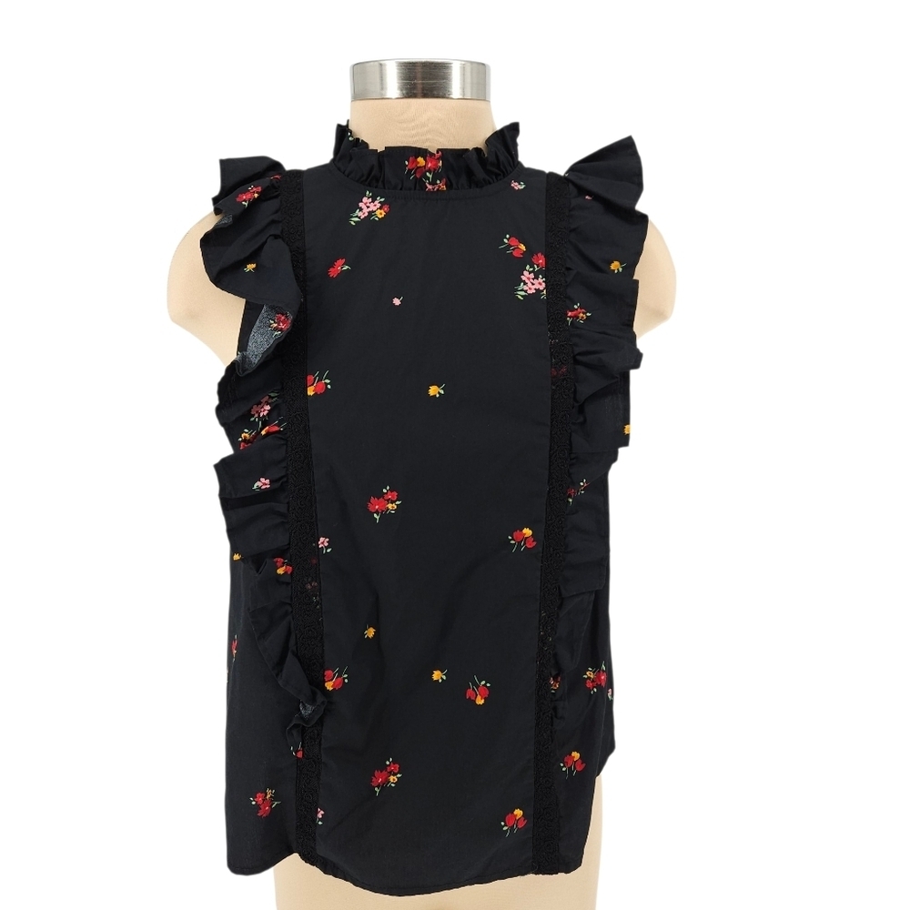 Who What Wear Shirt Black Floral Ruffle Flutter Sleeve High Neck Button Small